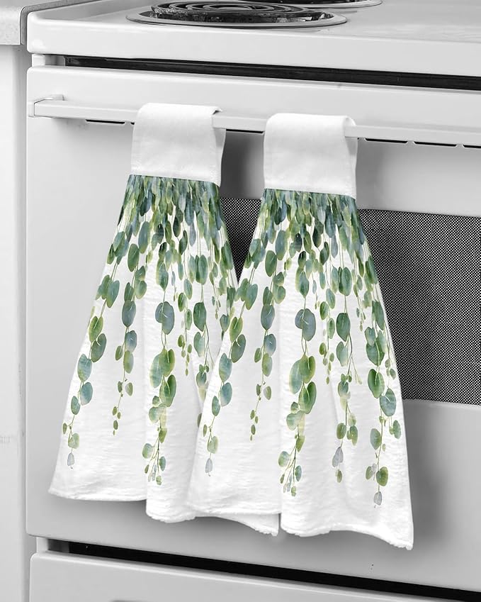 Alandar Home Kitchen Tie Towel Set of 1, Spring Green Eucalyptus Leaves Absorbent Soft Hand Towels for Bathroom Hanging Towels, Watercolor Botanical Fast Drying Cleaning Cloth with Loop