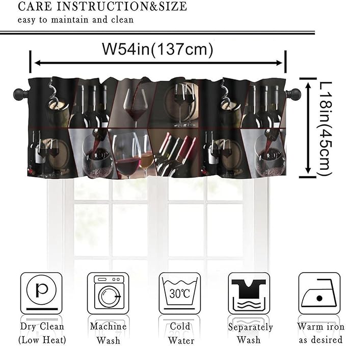Red Wine Curtain Valance, Modern Black Wine Bottles Glasses Drinking Short Rod Pocket Window Valance for Kitchen Dining Resturant Party, 54x18Inch