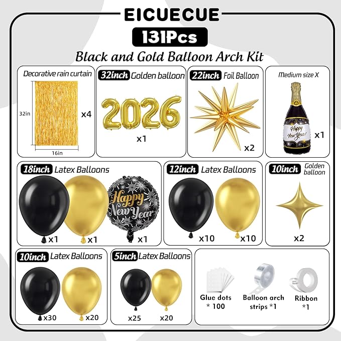 Black and Gold Balloons Garland Arch Kit - Different Size Balloons Gold Fringe Curtain Backdrop for Graduation Birthday Anniversary New Years Theme Party Decorations