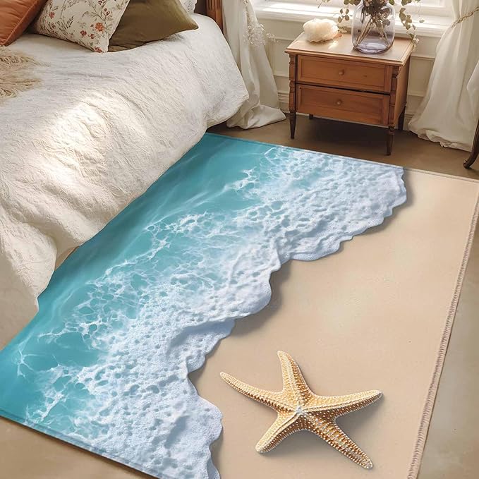 Area Rug 4x6ft, Beach Starfish Teal Sea Water Washable Rugs for Living Room Bedroom, Summer Ocean Theme Soft Non-Slip Area Rugs Rectangle Floor Carpet for Dining Room