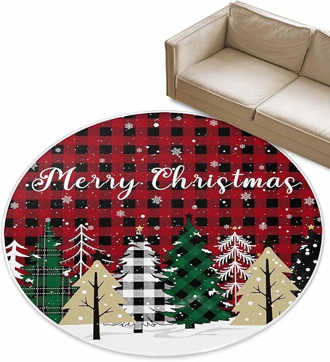 Round Area Rug,Christmas Tree Red Black Buffalo Plaid Circle Living Room Rug Non-Slip Rugs Indoor Carpet,Winter Snowflake Seamless Soft Comfort Rugs for Bedroom KidsRoom Nursery