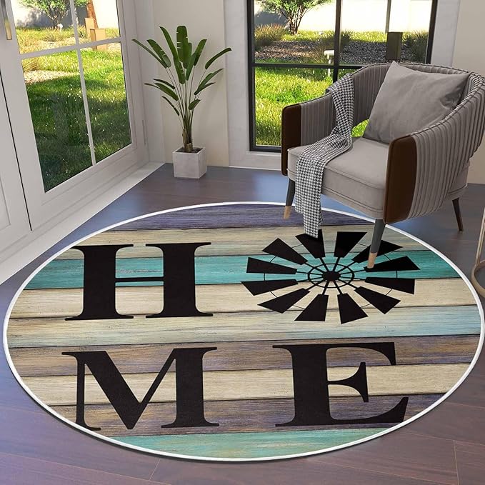 Round Area Rug,Farm Home Windmill Circle Living Room Rug Non-Slip Rugs Indoor Carpet,Farmhouse Vintage Wood Board Soft Comfort Rugs for Bedroom KidsRoom Nursery