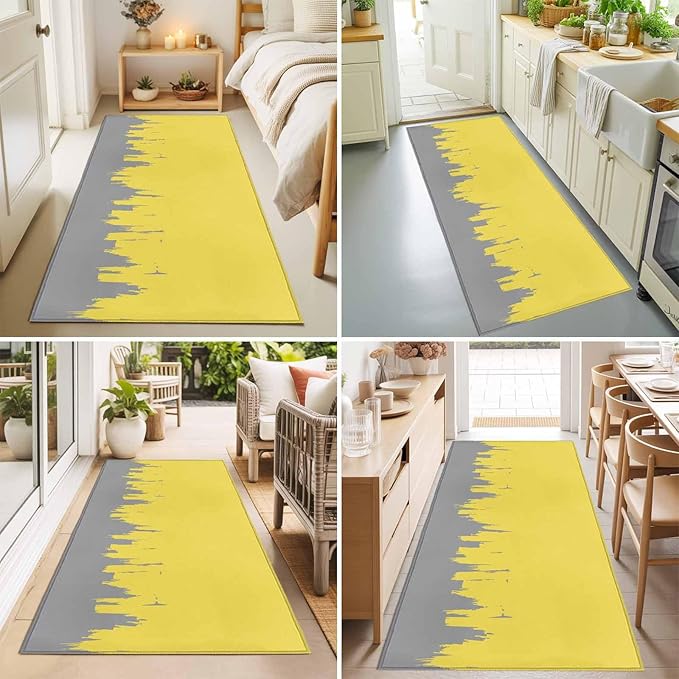 Runner Rug for Bedroom Hallway, Abstract Yellow Grey Graffiti Kitchen Runner Rugs Area Rug 2x6ft, Oil Painting Artwork Washable Soft Floor Carpet for Entryway Stair