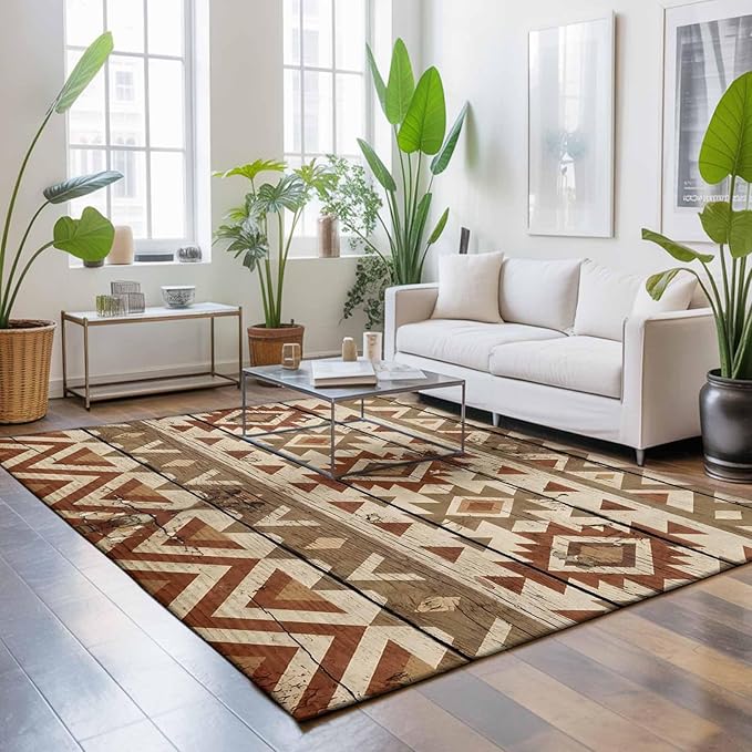 Area Rug 3x5ft, Rustic Aztec Style Pattern Washable Rugs for Living Room Bedroom, Southwestern Geometric Art Soft Non-Slip Area Rugs Rectangle Floor Carpet for Dining Room