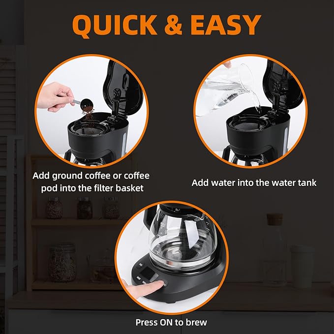 Electactic 5-Cup Drip Coffee Maker, a compact coffee machine with a digital clock and 24-hour programmable timer, featuring Auto Shut-Off, and a Removable Filter Basket for Home & Office-Deep Black