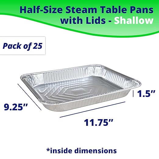 IDL Packaging Half-Size Aluminum Steam Table Pans with Lids - Shallow, 13" x 11" x 1.5" (pack of 25) - Disposable Foil Pan for Grilling, Roasting, BBQ, Cooking, Baking, Freezing