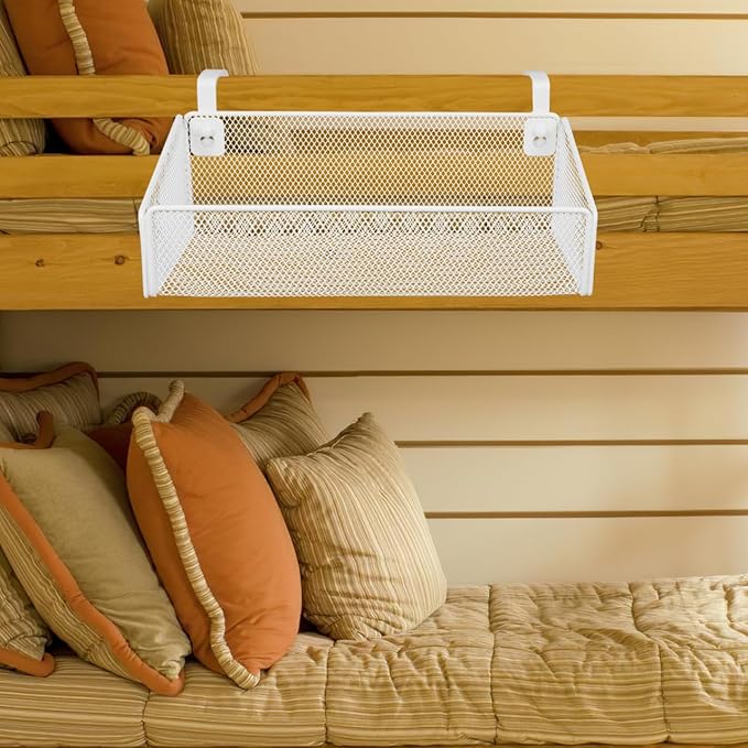 PartyKindom Hanging Bed Organizer, Metal Wire Bedside Caddy with Removable Hooks Spacious Bunk Bed Storage Basket Shelf for Phone Books Aesthetic Dorm Room Essentials Nightstand Alternative (White)