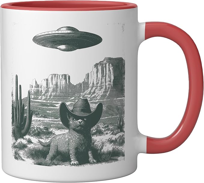 Desert Cat in Hat UFO Encounter Vintage Engraving Ceramic Mug, Red/White
