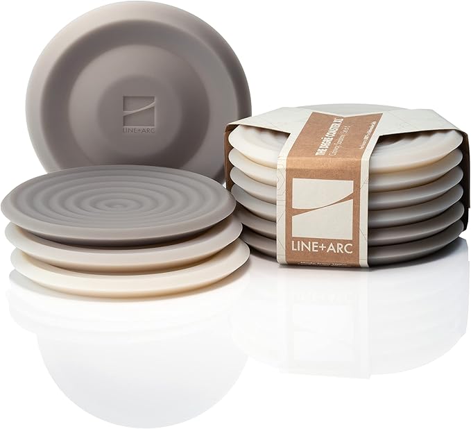 LINE+ARC Extra Thick Silicone Coasters Waterproof Anti-Stain Heat-Safe Dishwasher-Safe Degrē Coasters XL (Set of 6 Sandstone) Outdoor Rubber Mid-Century Modern