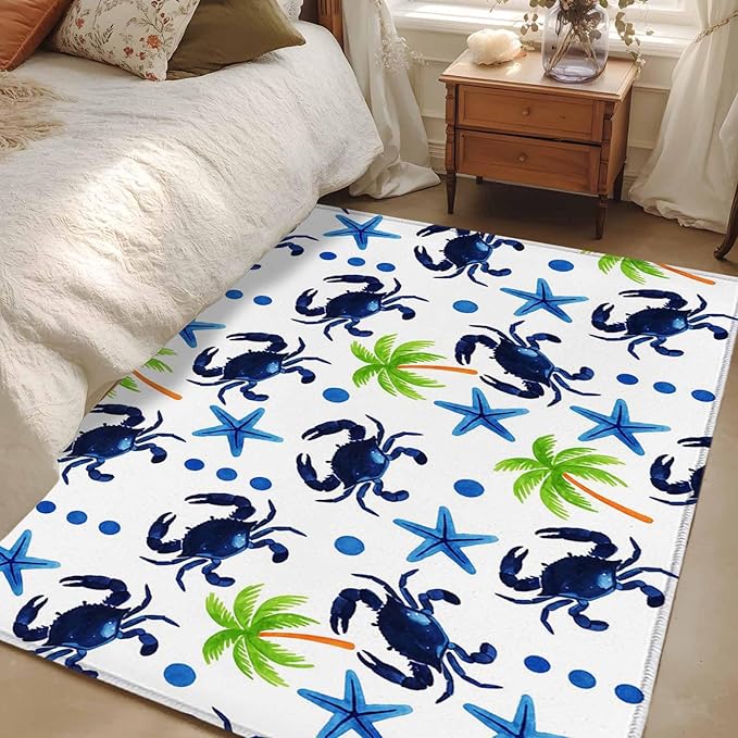 Area Rug 3x5ft, Abstract Blue Crab Starfish Washable Rugs for Living Room Bedroom, Watercolor Palm Tree Soft Non-Slip Area Rugs Rectangle Floor Carpet for Dining Room