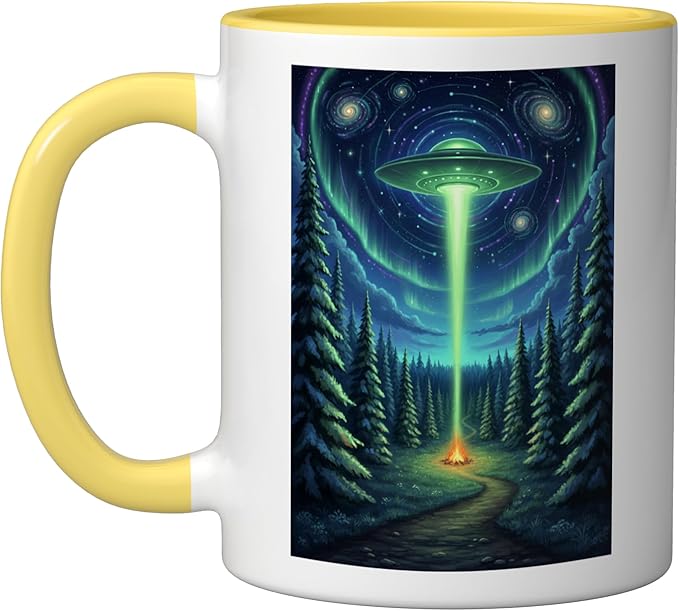 UFO in Forest Campfire Nature Camping Flying Saucer UAP Ceramic Mug, Yellow/White