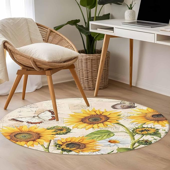 Sunflower Farmhouse 3.3ft Round Rug, Retro Floral Butterflies Non-Skid Rubber Backing Large Area Rugs - Living Room Bedroom Home Office, Spring Summer Indoor Floor Mat Carpets Washable Rug