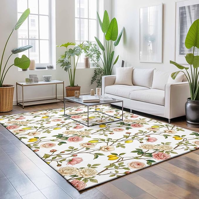 Area Rug 4x6ft, Country Blossom Flower Plant Washable Rugs for Living Room Bedroom, Summer Lemon Leaf Seamless Soft Non-Slip Area Rugs Rectangle Floor Carpet for Dining Room