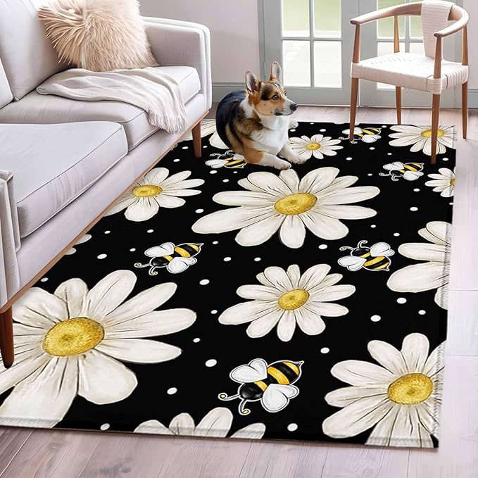Area Rug 4x6ft, Watercolor White Floral Daisy Bee Washable Rugs for Living Room Bedroom, Blossom Flower on Black Soft Non-Slip Area Rugs Rectangle Floor Carpet for Dining Room
