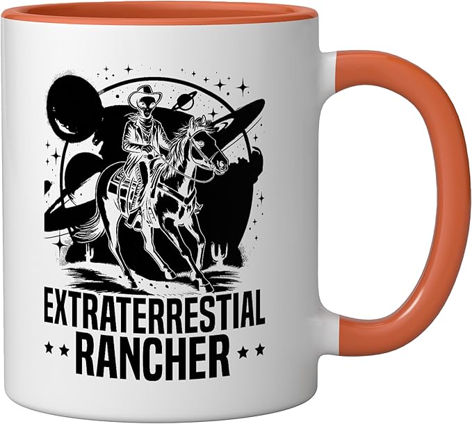 Alien Lover Flying Saucer UFO Extraterrestrial Cowboy Ceramic Mug, Orange/White