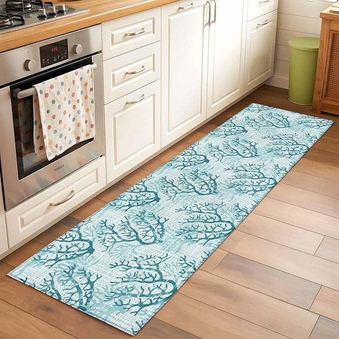 Runner Rug for Bedroom Hallway, Coastal Sea Coral Retro Linen Kitchen Runner Rugs Area Rug 2x6ft, Underwater Ocean Life Washable Soft Floor Carpet for Entryway Stair