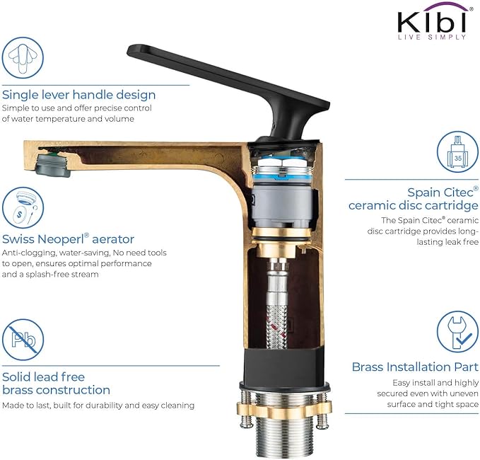 KIBI Infinity Single Handle Bathroom Vanity Sink Faucet | Solid Brass Lavatory Faucet with High Arc Spout for Smooth Water Flow | Includes Water Hose for Easy Installation (Matte Black, KBF1006)