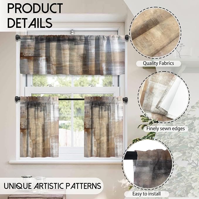 MCALK Brown Blackout Kitchen Curtains Tiers and Valances for Windows, Beige Kitchen Window Curtains, Modern Abstract Art Valances for Living Room (36" Tiers Set)