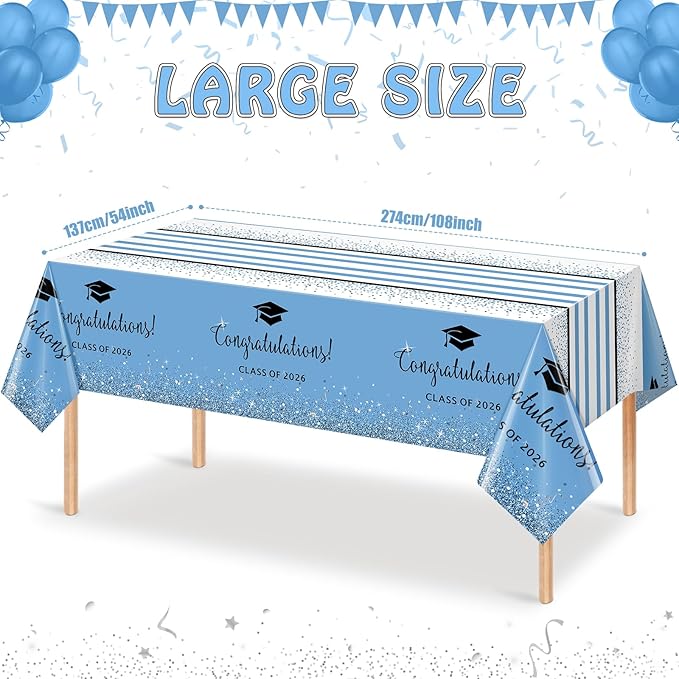 MASHAN 6 Pack Class of 2026 Graduation Tablecloths,Foil Dot Plastic Disposable Rectangle Table Covers for 2026 High School University College Graduation Party Decorations,108 * 54 Inch (Light Blue)