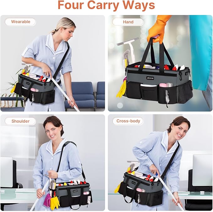 JKAOO Large Wearable Cleaning Caddy Bags,Cleaning Supplies Storage Bag with Handles and Adjustable Shoulder Strap and Removable Waist Straps,Waterproof Cleaning Bags for Home,Car,Office (Gray)