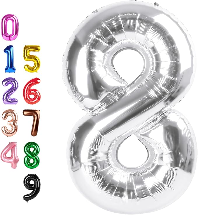 8 Numbers Balloon 40 Inch, Silver Birthday Decorations For Women Men, Number Balloons for 8, 18, 28 Wedding, Anniversaries, Celebration, Graduation