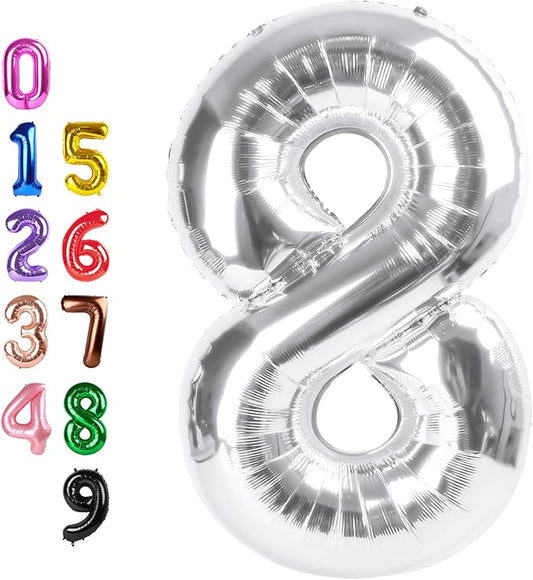 8 Numbers Balloon 40 Inch, Silver Birthday Decorations For Women Men, Number Balloons for 8, 18, 28 Wedding, Anniversaries, Celebration, Graduation