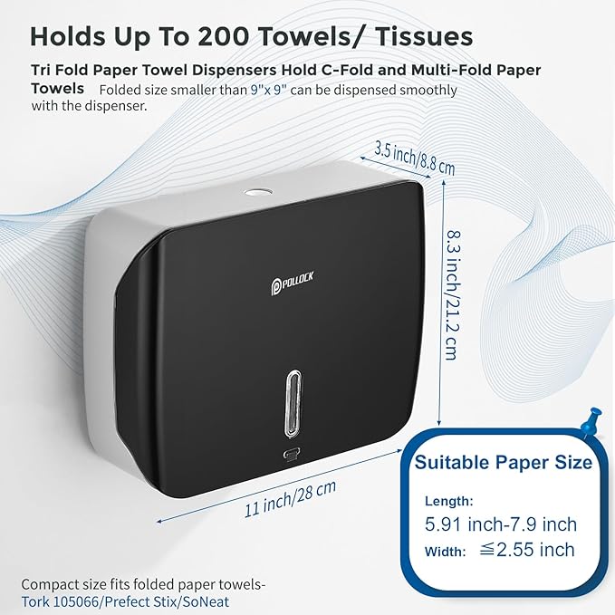 Paper Towel Holder Dispenser Wall Mount,Multifold/Trifold/C Fold Hand Towel Dispenser,Commercial Paper Towel Dispenser for Bathroom Tissue Dispenser,Large Capacity 200 Sheets