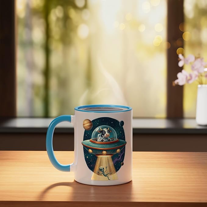 Funny Cow Astronaut UFO Abducting Alien Space Graphic Ceramic Mug, Blue/White