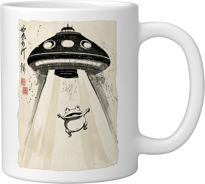 Ukiyo-e Style UFO Abducting Cute Frog Ink Art Painting Ceramic Mug, White
