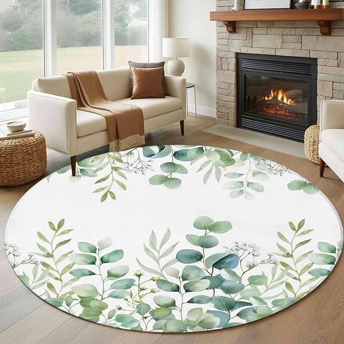 Sage Green Eucalyptus Leaves 7ft Round Rug, Farmhouse Botanical Non-Skid Rubber Backing Large Area Rugs - Living Room Bedroom Home Office, Country Indoor Floor Mat Carpets Washable Rug