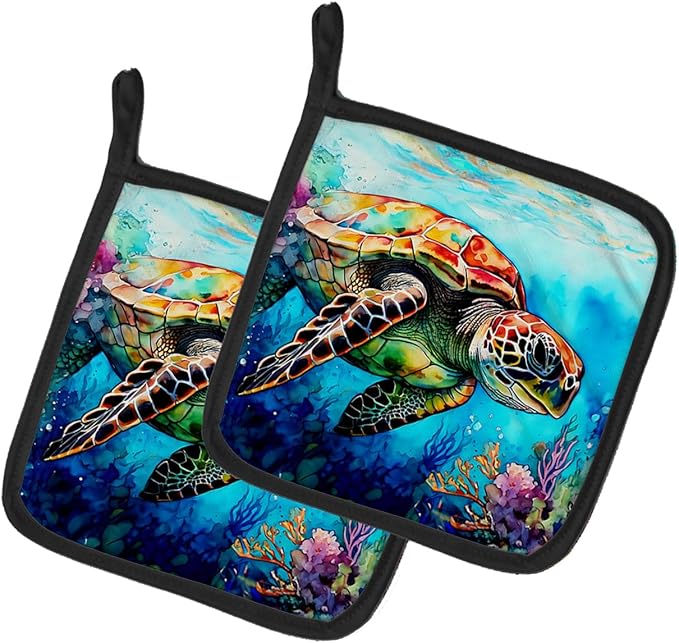 Caroline's Treasures Loggerhead Sea Turtle Pair of Pot Holders Kitchen Heat Resistant Pot Holders Sets Oven Hot Pads for Cooking Baking BBQ, 7 1/2 x 7 1/2