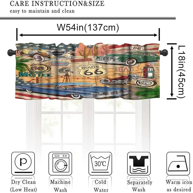Vintage Car Valance Curtain Old Classic Car Theme American Vintage Diner Motorcycle Rod Pocket Valance Window Treatments Short Curtains for Kitchen Bathroom Farmhouse 54x18inch