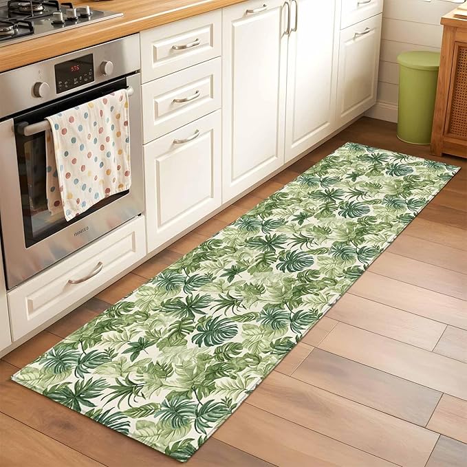 Runner Rug for Bedroom Hallway, Green Palm Leaf Watercolor Kitchen Runner Rugs Area Rug 2x6ft, Summer Tropical Leaves Washable Soft Floor Carpet for Entryway Stair
