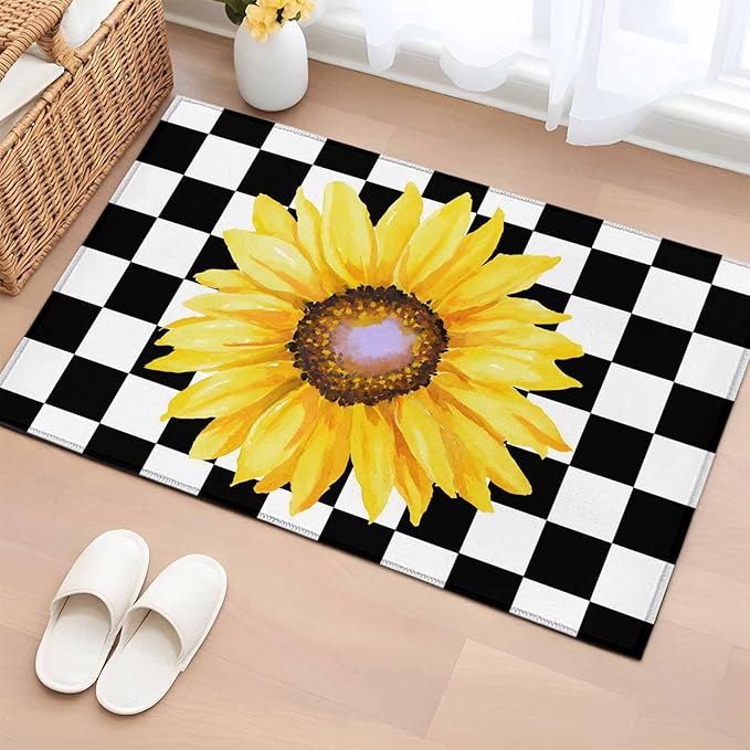 Area Rug 2x3ft, Watercolor Sunflower on Checkered Washable Rugs for Living Room Bedroom, Yellow Black White Soft Non-Slip Area Rugs Rectangle Floor Carpet for Dining Room