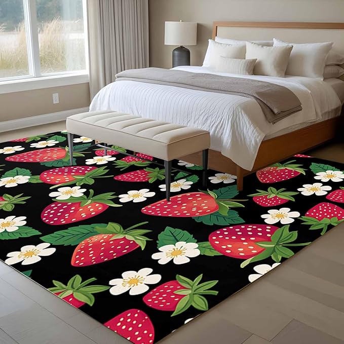 Area Rug 6x9ft, Red Strawberry Litter Flower Leaves on Black Washable Rugs for Living Room Bedroom, Summer Fruit Soft Non-Slip Area Rugs Rectangle Floor Carpet for Dining Room