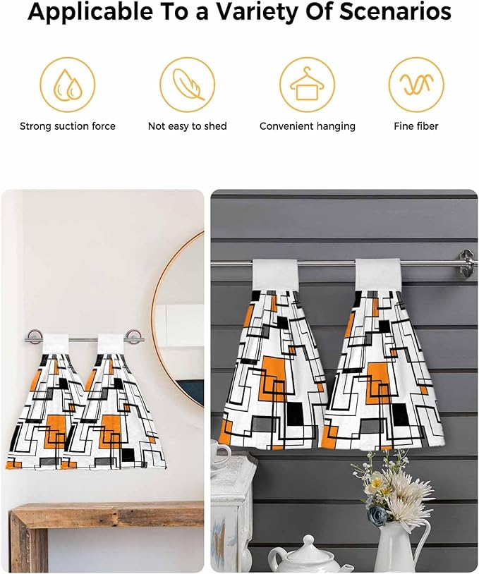 Alandar Home Kitchen Tie Towel Set of 1, Orange Black Geometric Lines Art Absorbent Soft Hand Towels for Bathroom Hanging Towels, Abstract Color Block Fast Drying Cleaning Cloth with Loop