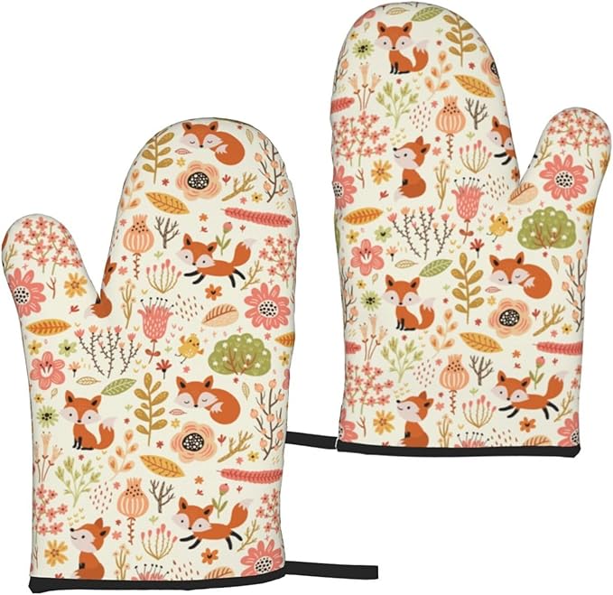 Cute Fox Pattern Oven Mitts of 2-Pack Set, Funny Kitchen Gloves Heat Resistant Non-Slip Kitchen Mitts Safe Cooking Baking Grilling