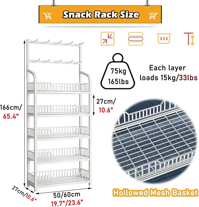 5-Tier Snack Shelf Organizer with Guardrail - Commercial Storage Rack for Fruits, Vegetables, Chips, Candy & Party Food Display - Retail & Wholesale Store Fixture with Hooks (Black)