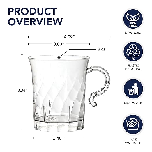 Party Essentials Elegance 8 oz Clear Hard Plastic Coffee & Punch Mugs with Handle – 40-Count Stackable Disposable Cups for Parties, Weddings, Catering, Buffets & Events