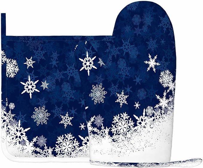 Mxocom Merry Christmas Snowflake Silicone Oven Mitts and Pot Holders Sets Winter Blue Frosty Snow Christmas BBQ Gloves for Kitchen,Cooking,Baking,Grilling