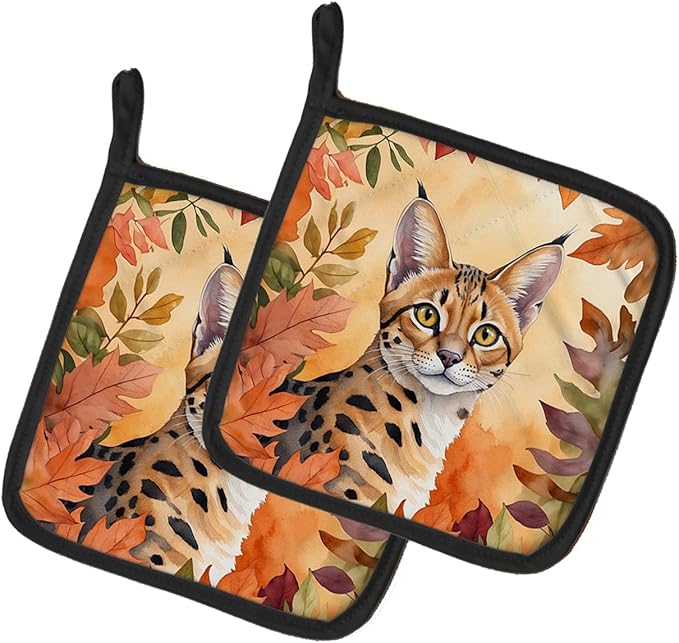 Caroline's Treasures Serengeti Cat in Fall Leaves Pair of Pot Holders Kitchen Heat Resistant Pot Holders Sets Oven Hot Pads for Cooking Baking BBQ, 7 1/2 x 7 1/2