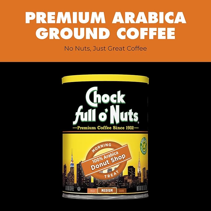 Chock Full o' Nuts Donut Shop Ground Coffee – Premium Beans in Recyclable Steel Can – Rich Flavor & Aroma, Medium Roast – Perfect for Drip, Pour-Over, Percolator – 10.2 Oz Can, Pack of 6