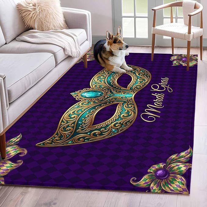 Area Rug 4x6ft, Mardi Gras Mask Purple Plaid Washable Rugs for Living Room Bedroom, Abstract Blossom Floral Soft Non-Slip Area Rugs Rectangle Floor Carpet for Dining Room