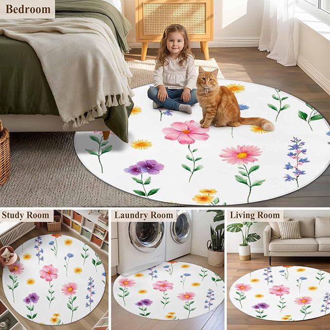 Washable Round Area Rug Watercolor Farmhouse Flower Circle Rugs Floor Carpet for Living Room Bedroom, Yellow Pink Purple Blue Floral Soft Non Slip Round Rug 3ft