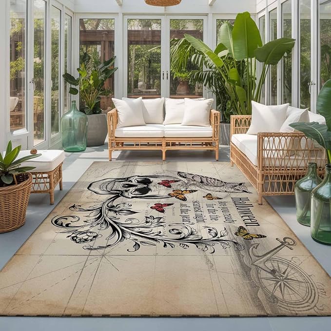 Area Rug 3x5ft, Halloween Skull Owls on Vintage Washable Rugs for Living Room Bedroom, Retro Butterflies Flower Soft Non-Slip Area Rugs Rectangle Floor Carpet for Dining Room