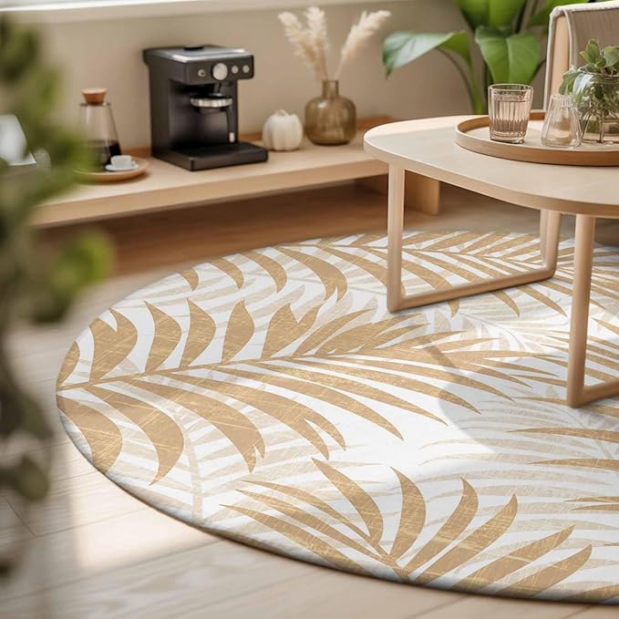 Washable Round Area Rug Summer Boho Palms Leaves Circle Rugs Floor Carpet for Living Room Bedroom, Vintage Tropical Plants Soft Non Slip Round Rug 3ft