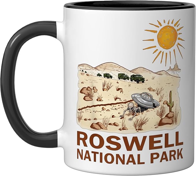 Roswell National Park UFO Flying Saucer Crash 1947 UAP Alien Ceramic Mug, Black/White