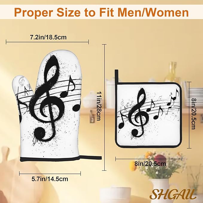 Black White Music Note Oven Mitts & Potholder Set of 4 - Heat Resistant Kitchen Gloves Hot Pads for Baking, Cooking, Gifts for Women