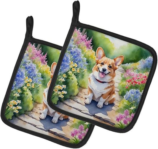 Caroline's Treasures Corgi Spring Path Pair of Pot Holders Kitchen Heat Resistant Pot Holders Sets Oven Hot Pads for Cooking Baking BBQ, 7 1/2 x 7 1/2
