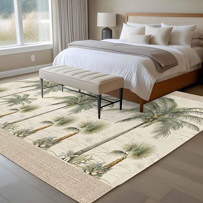 Area Rug 9x12ft, Coastal Tropical Olive Green Palm Trees Washable Rugs for Living Room Bedroom Rectangle Floor Carpet, Classic Retro Linen Soft Non-Slip Area Rugs for Dining Room